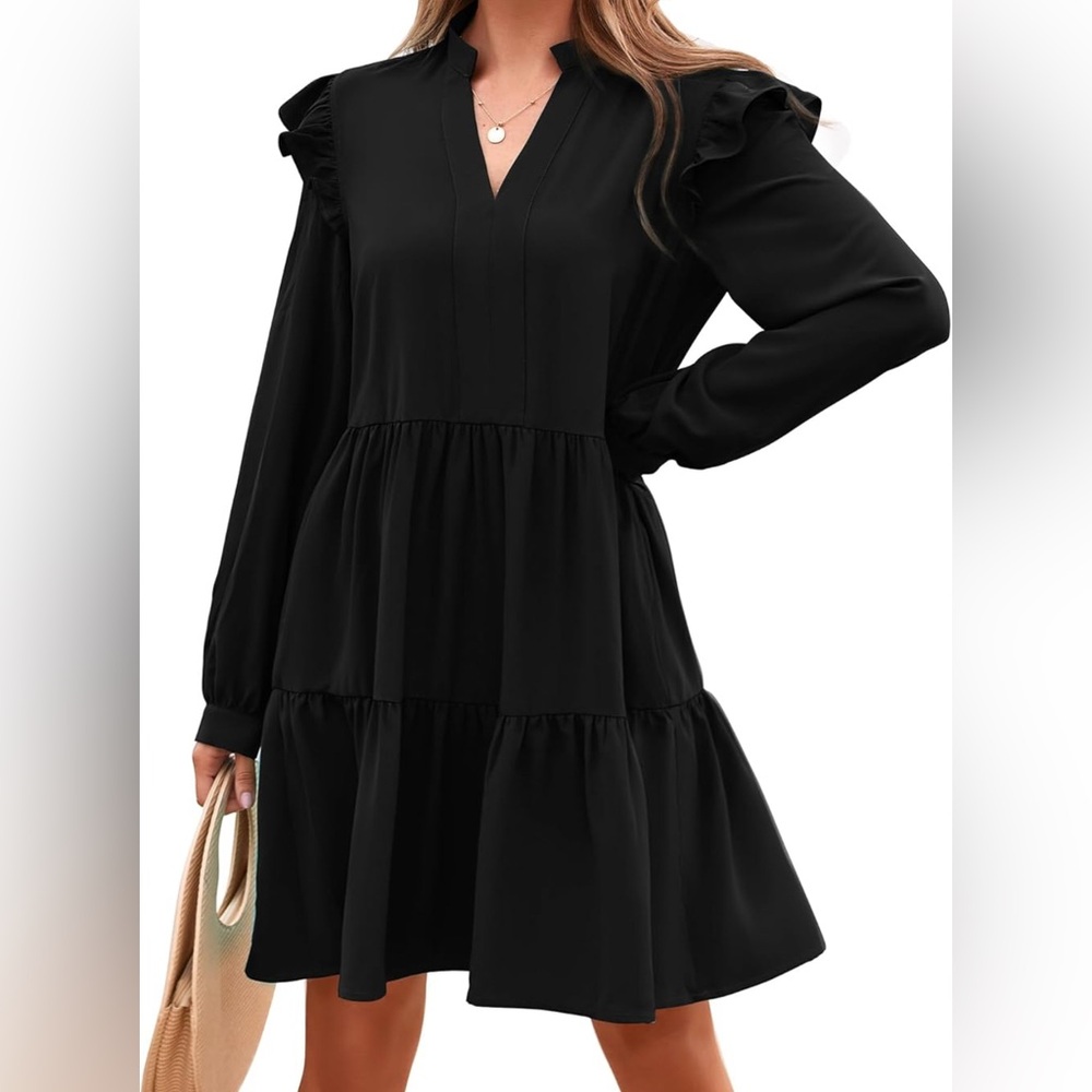 Womens Black Tiered V-Neck Long Sleeve Dress